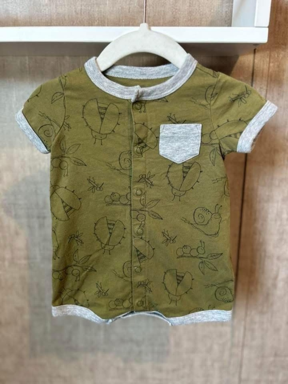 Carter's Olive Green Short Sleeve Romper with Gray Trim with bugs